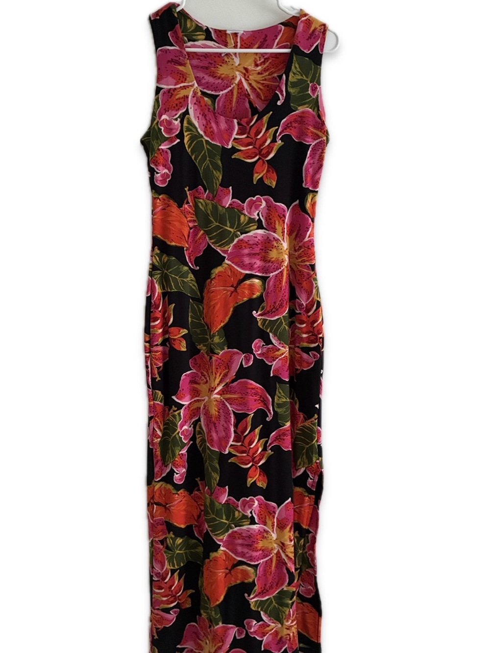 Black Maxi Dress with Pink & Orange Floral Print fits 38DD-G, 40” bust